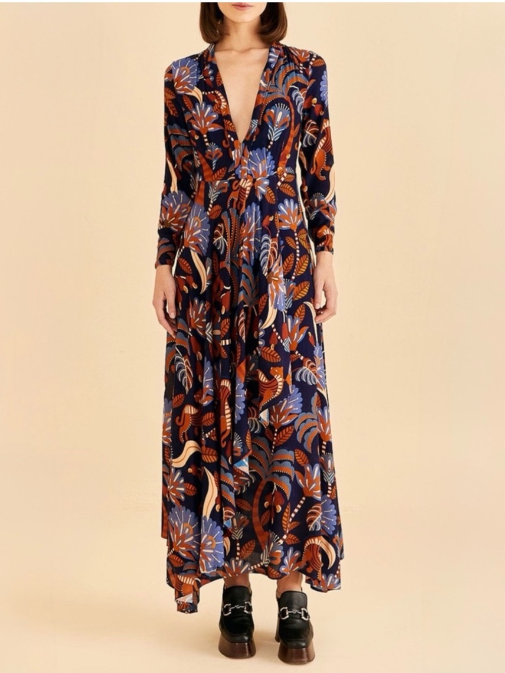 FARM Rio Nature Beauty Blue Long Sleeve V Neckline Maxi Dress